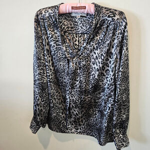 Women's Kasper Blouse, Silver and Black Leopard Print, Large Petite, Satiny Feel